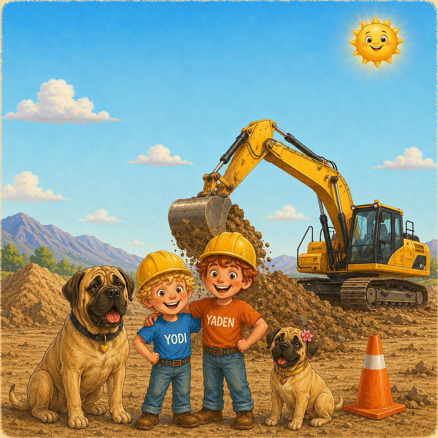 Yodie and Yaden in hard hats with their two Bullmastiffs in front of a big yellow excavator