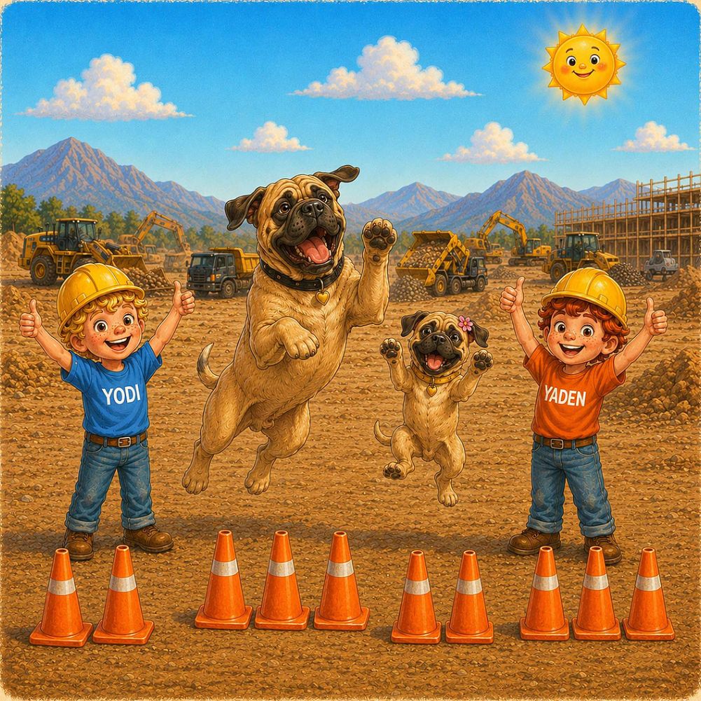 Ten orange safety cones and happy builders, from Ten Trucks on the Job Site